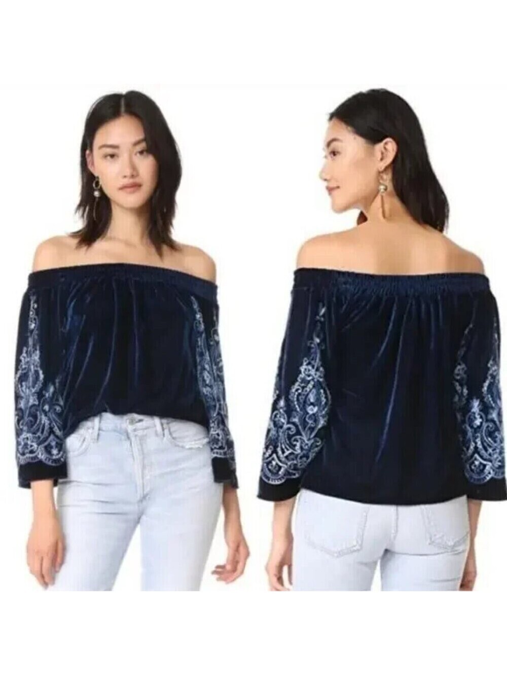 MISA Los Angeles Linez Blue Velvet Off The Shoulder Embroidered Top Small S